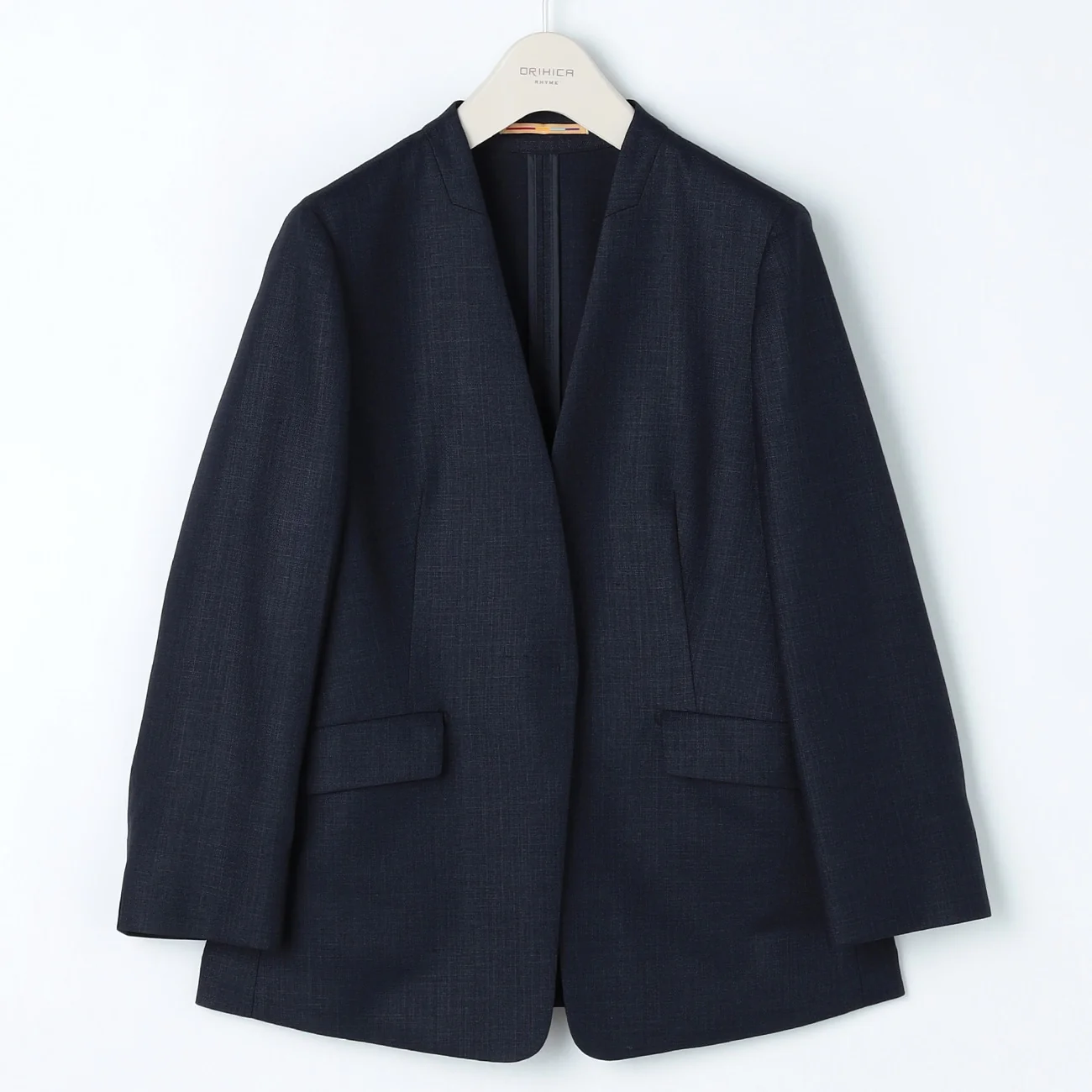 THE THIRD SUITS Linen-Like Cropped Sleeve Collarless Jacket - Navy - Image 18