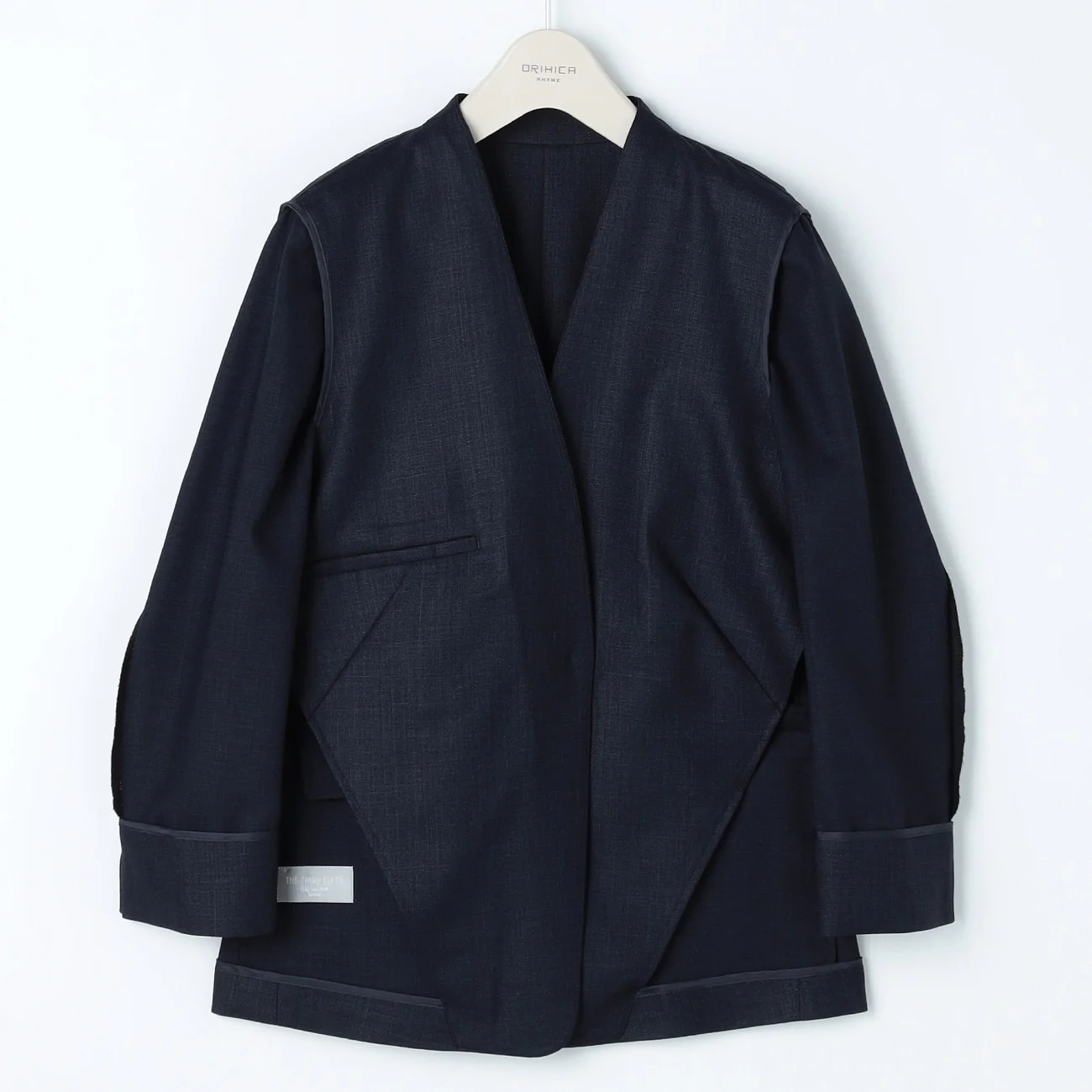 THE THIRD SUITS Linen-Like Cropped Sleeve Collarless Jacket - Navy - Image 24