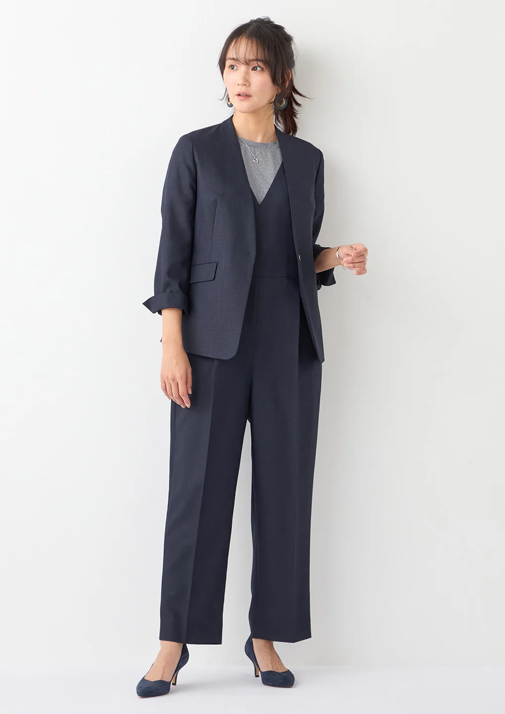 THE THIRD SUITS Linen-Like Cropped Sleeve Collarless Jacket - Navy - Image 31