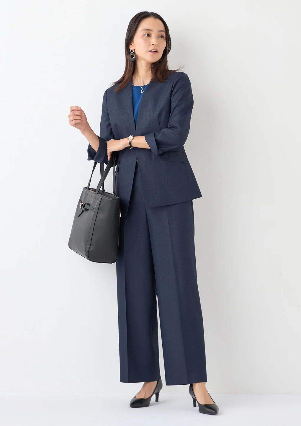 THE THIRD SUITS Linen-Like Cropped Sleeve Collarless Jacket - Navy - Image 33