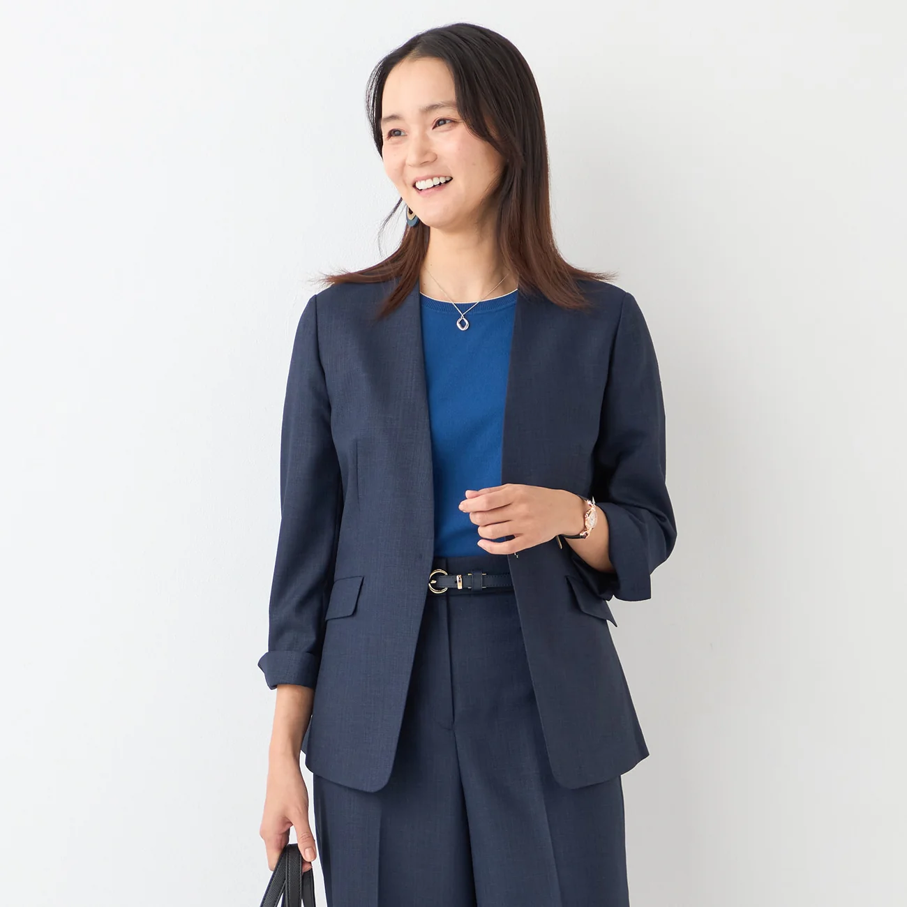 THE THIRD SUITS Linen-Like Cropped Sleeve Collarless Jacket - Navy - Image 6