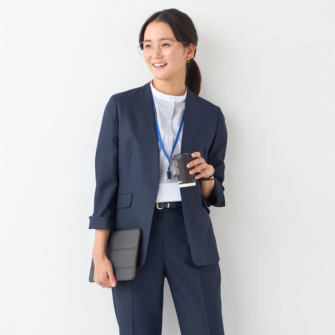 THE THIRD SUITS Linen-Like Cropped Sleeve Collarless Jacket - Navy - Image 8