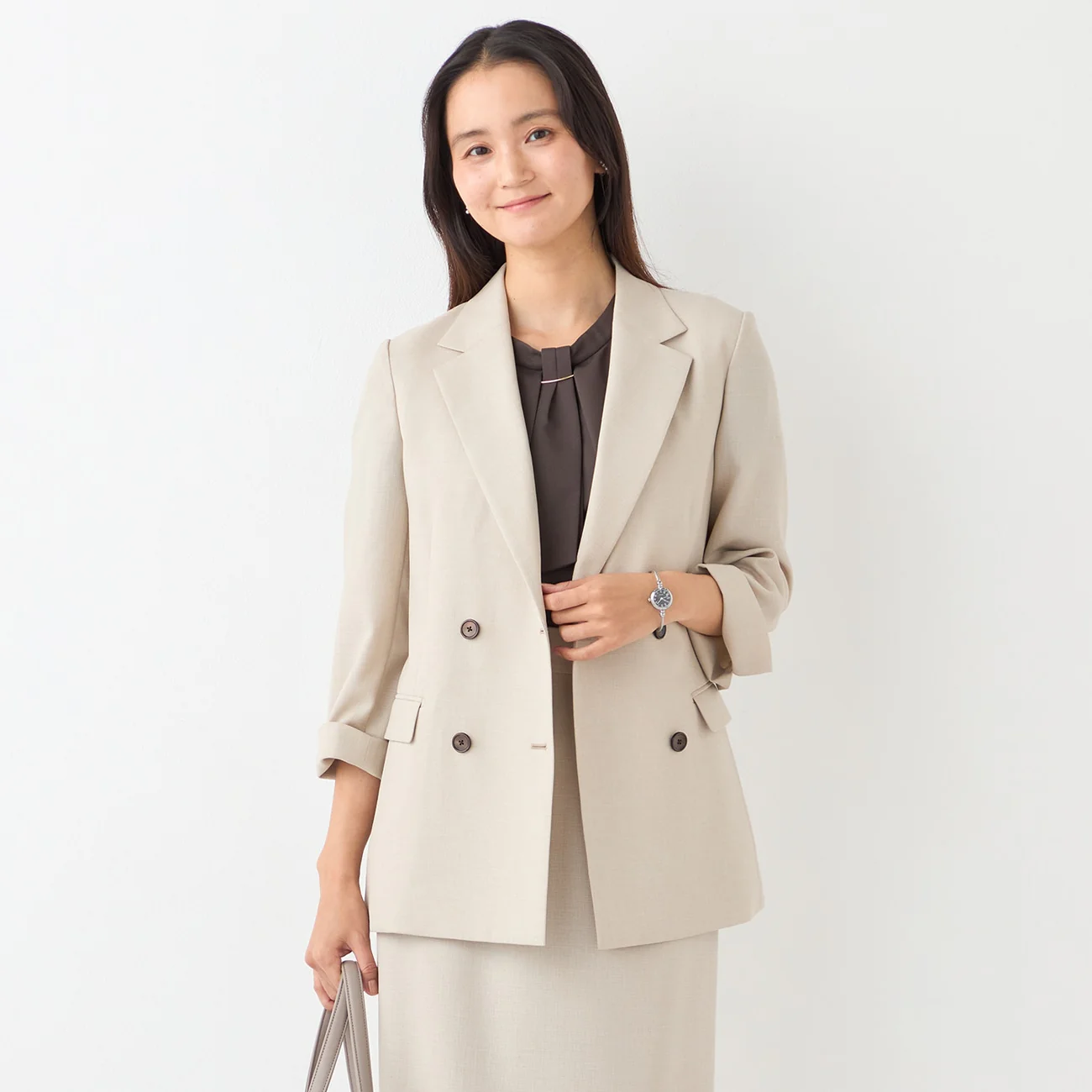 THE THIRD SUITS Linen-Like Cropped Sleeve Double-Breasted Jacket - Beige