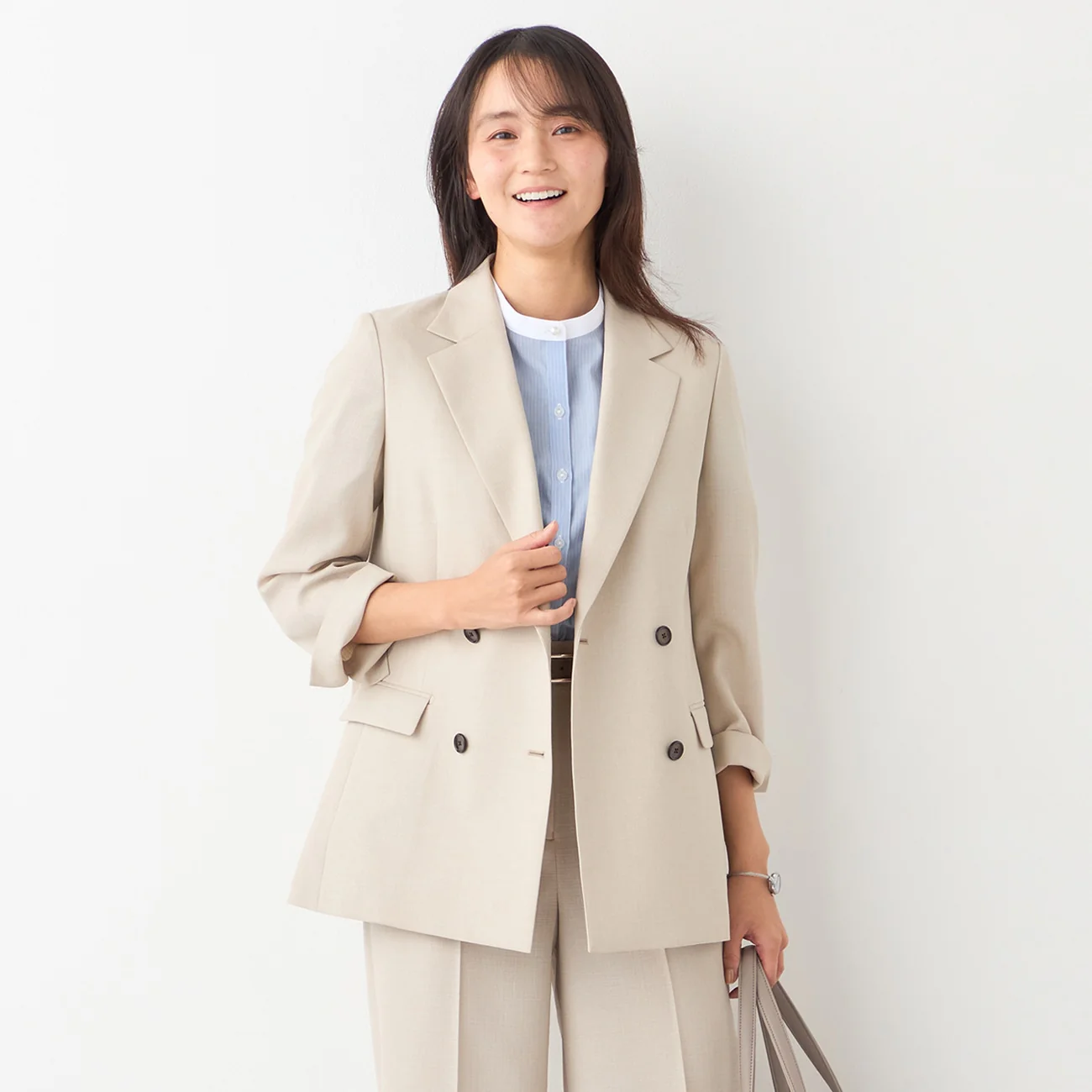 THE THIRD SUITS Linen-Like Cropped Sleeve Double-Breasted Jacket - Beige - Image 11