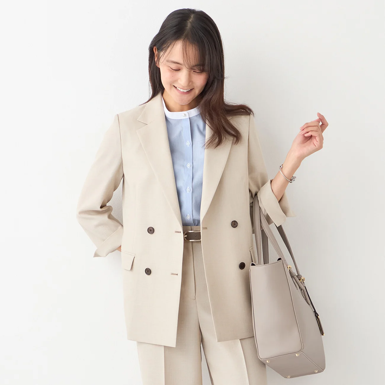 THE THIRD SUITS Linen-Like Cropped Sleeve Double-Breasted Jacket - Beige - Image 12