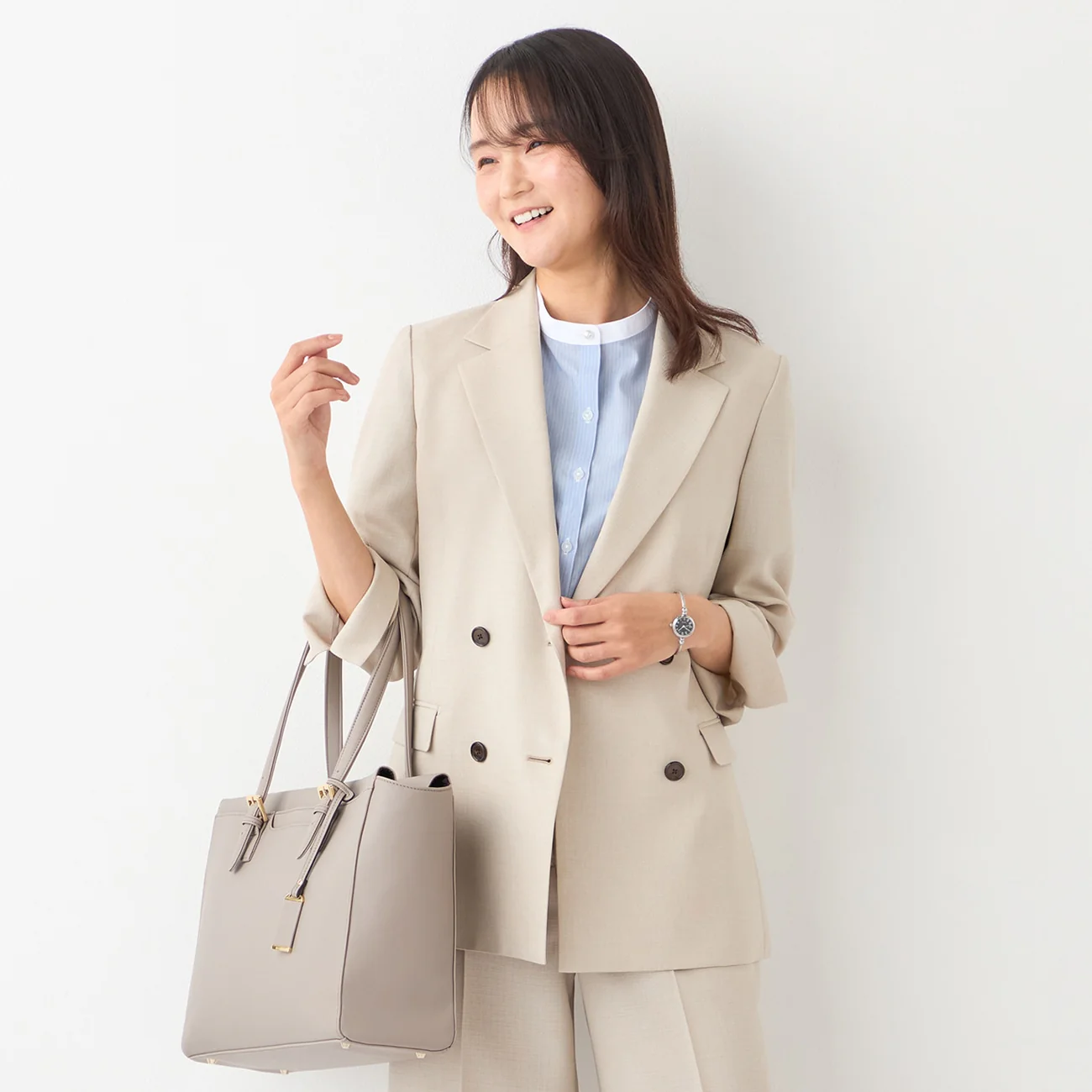 THE THIRD SUITS Linen-Like Cropped Sleeve Double-Breasted Jacket - Beige - Image 13