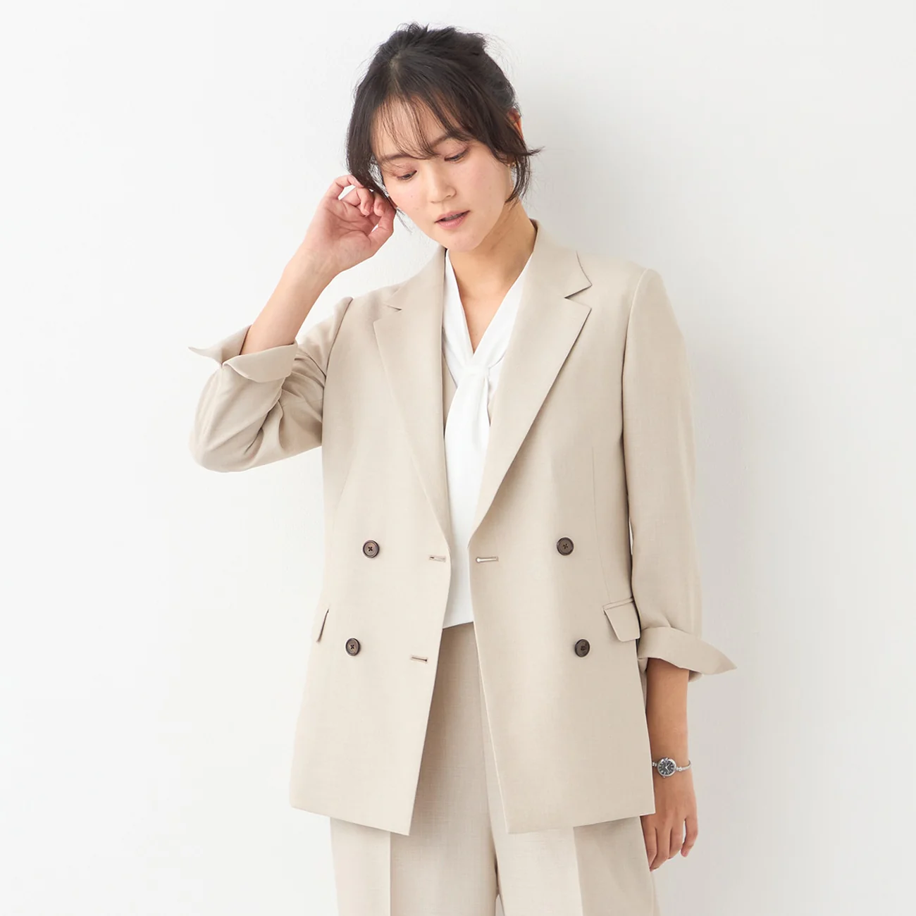 THE THIRD SUITS Linen-Like Cropped Sleeve Double-Breasted Jacket - Beige - Image 14