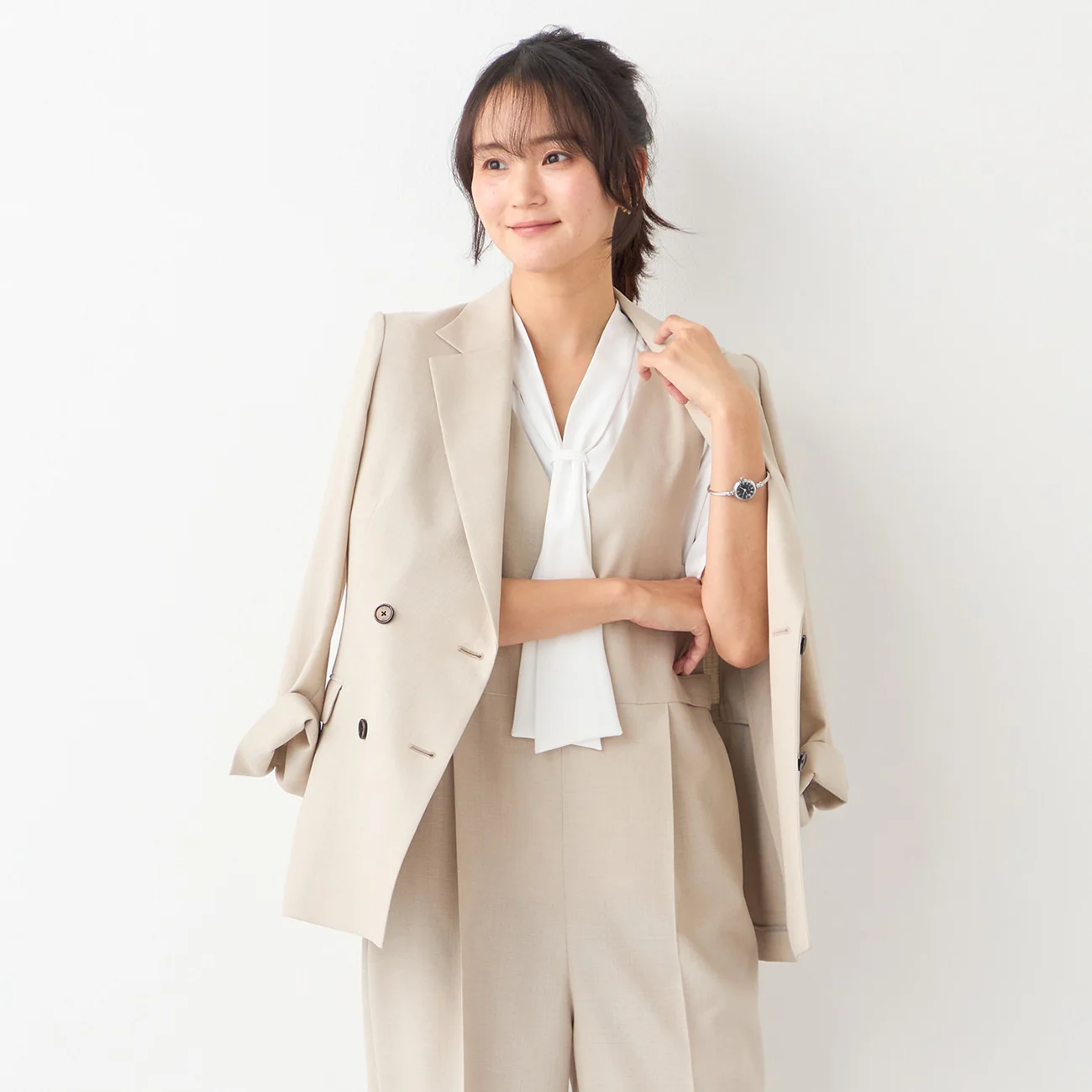 THE THIRD SUITS Linen-Like Cropped Sleeve Double-Breasted Jacket - Beige - Image 18