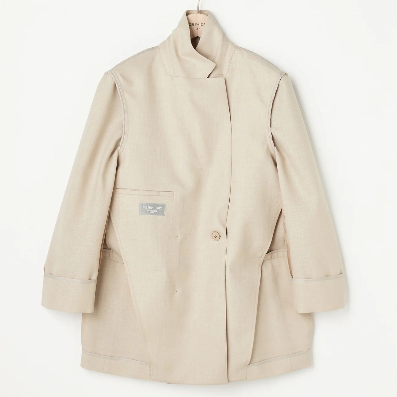 THE THIRD SUITS Linen-Like Cropped Sleeve Double-Breasted Jacket - Beige - Image 24