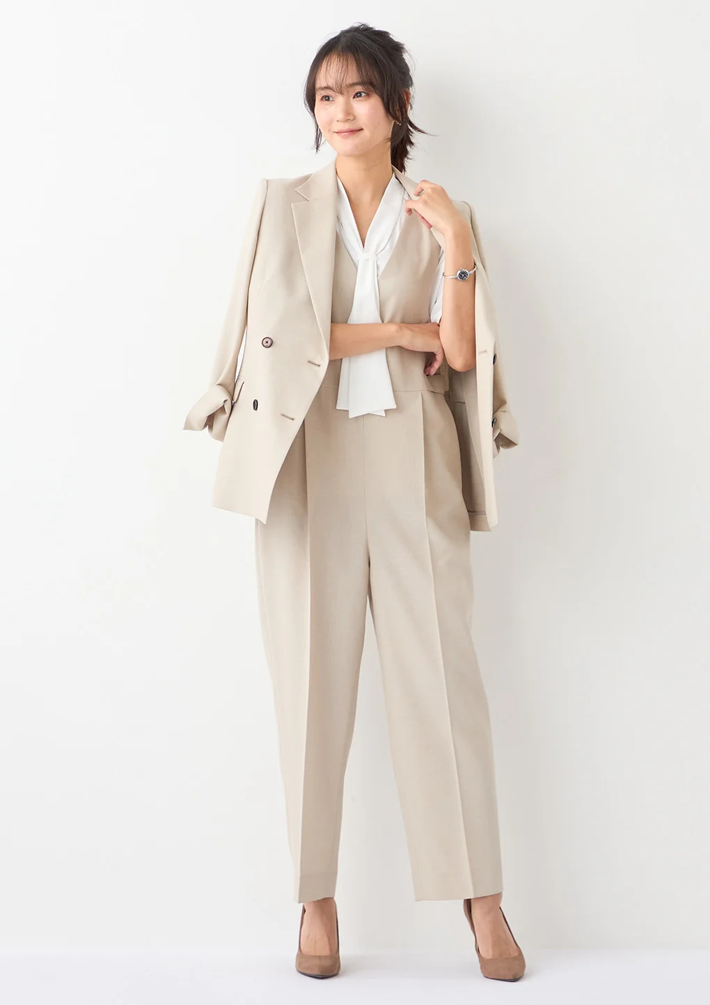 THE THIRD SUITS Linen-Like Cropped Sleeve Double-Breasted Jacket - Beige - Image 28