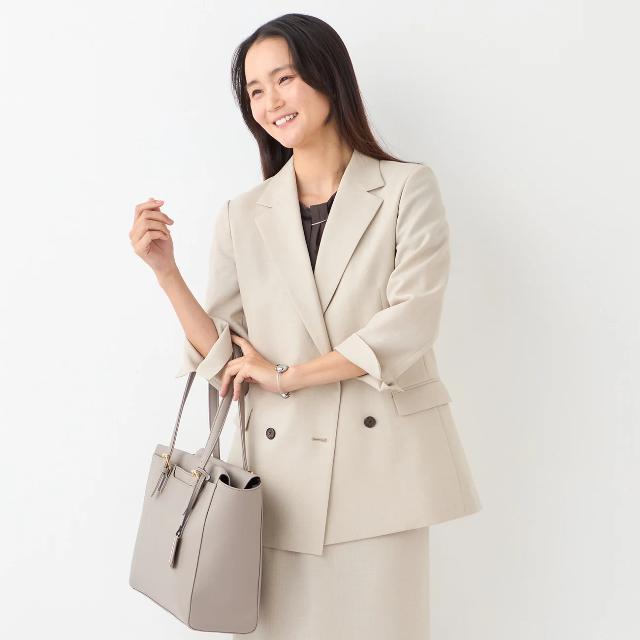 THE THIRD SUITS Linen-Like Cropped Sleeve Double-Breasted Jacket - Beige - Image 3