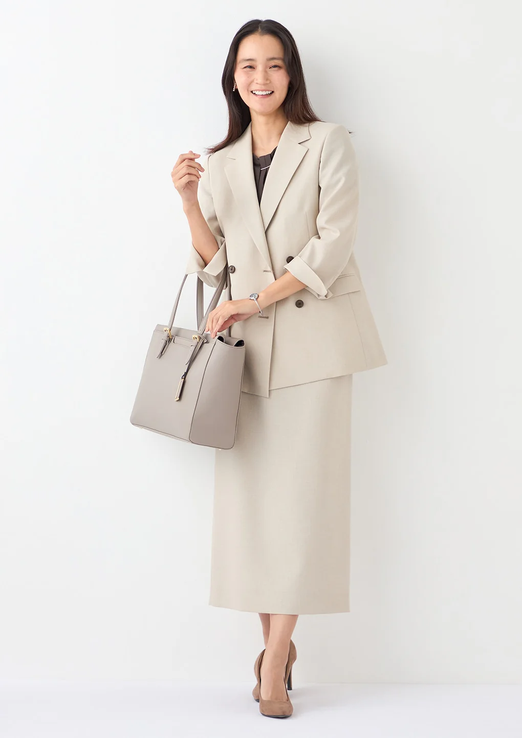 THE THIRD SUITS Linen-Like Cropped Sleeve Double-Breasted Jacket - Beige - Image 31
