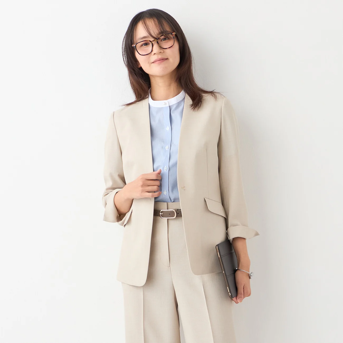 THE THIRD SUITS Linen-Like Cropped Sleeve Collarless Jacket - Beige - Image 12