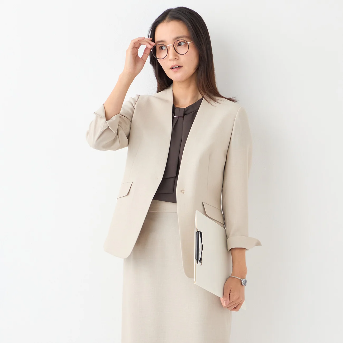 THE THIRD SUITS Linen-Like Cropped Sleeve Collarless Jacket - Beige - Image 2