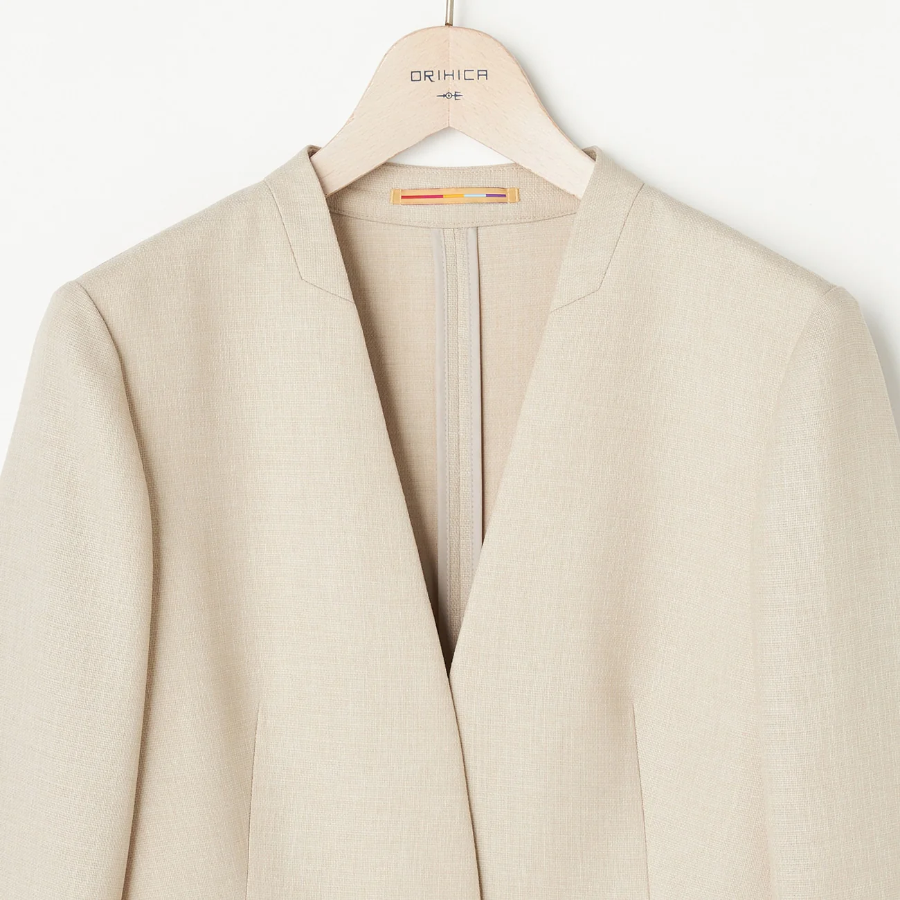 THE THIRD SUITS Linen-Like Cropped Sleeve Collarless Jacket - Beige - Image 22