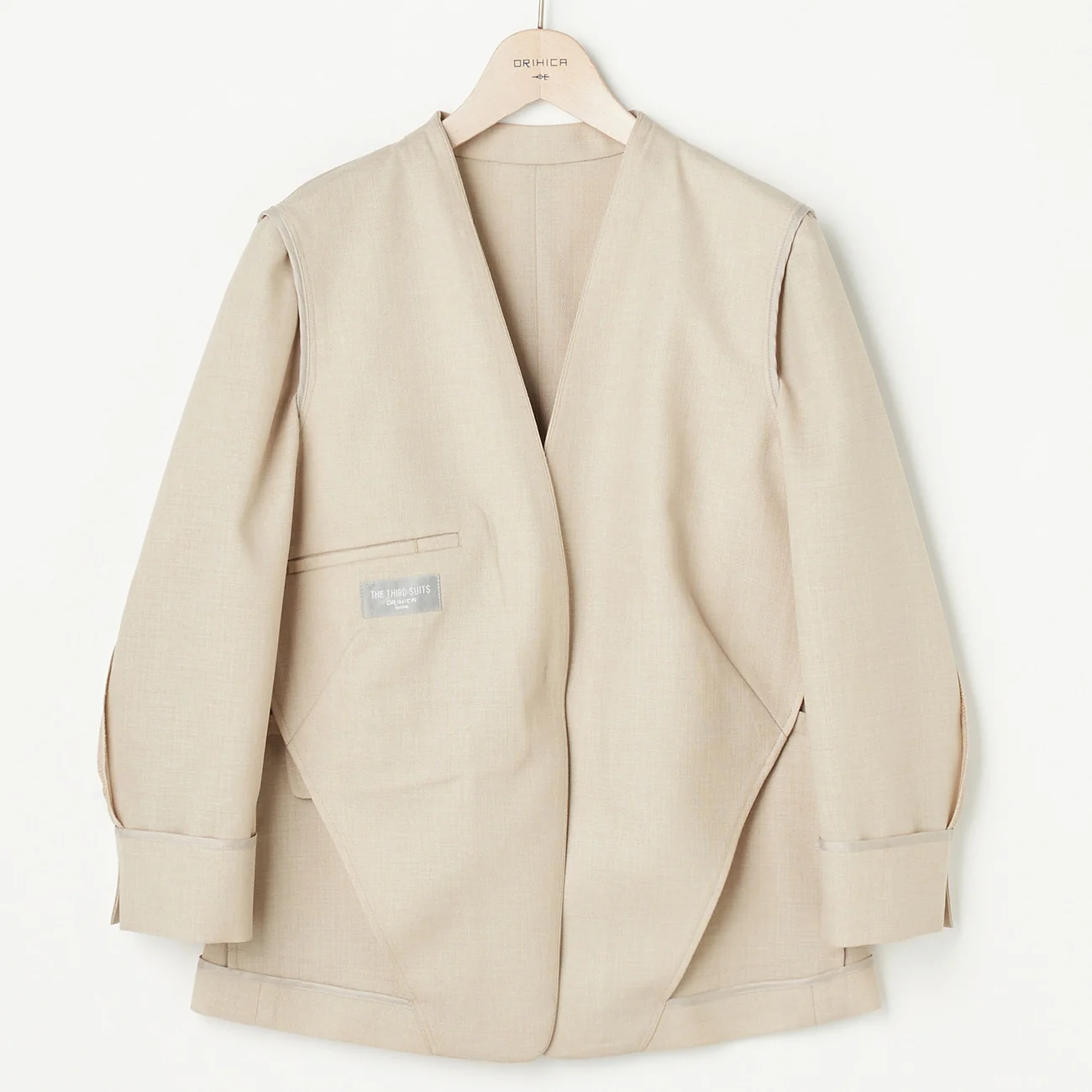 THE THIRD SUITS Linen-Like Cropped Sleeve Collarless Jacket - Beige - Image 26