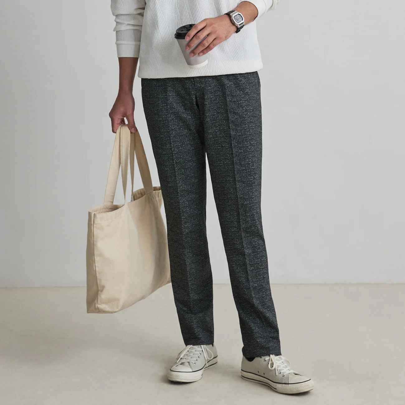 THE THIRD SUITS Japanese Fabric High-Breathability Glen-Plaid Pants - Charcoal Gray - Image 3