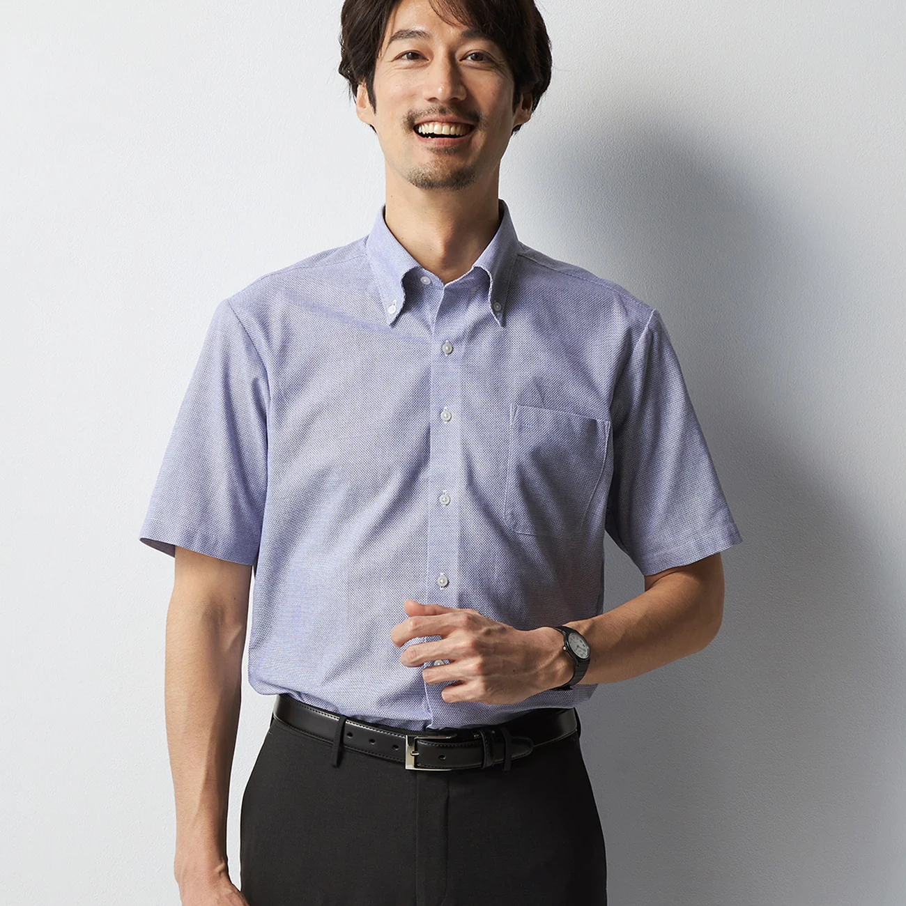 Super Cool Non-Iron Leno Weave Short Sleeve Button-Down Shirt - Navy