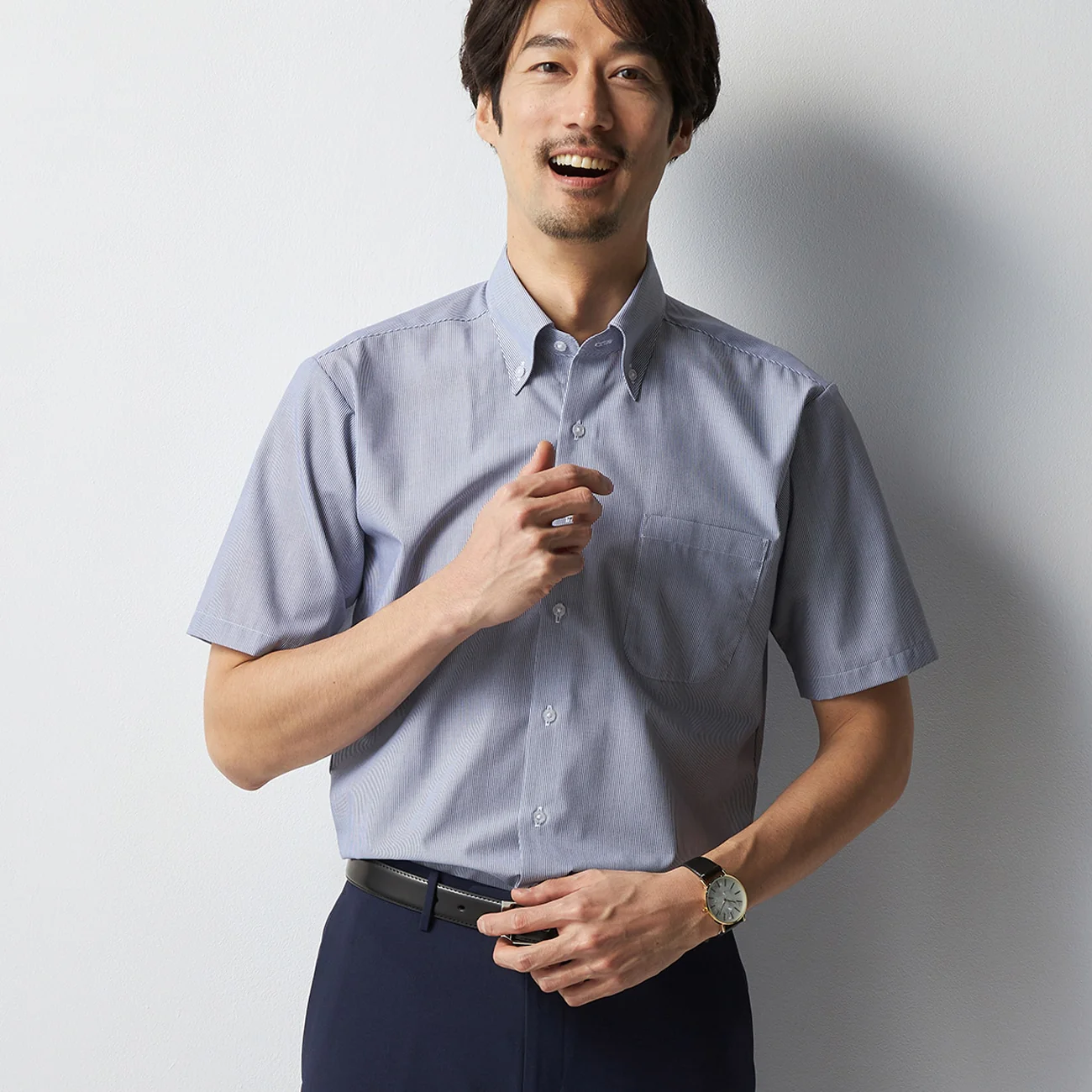 Super Cool Non-Iron Striped Short Sleeve Button-Down Shirt - Navy