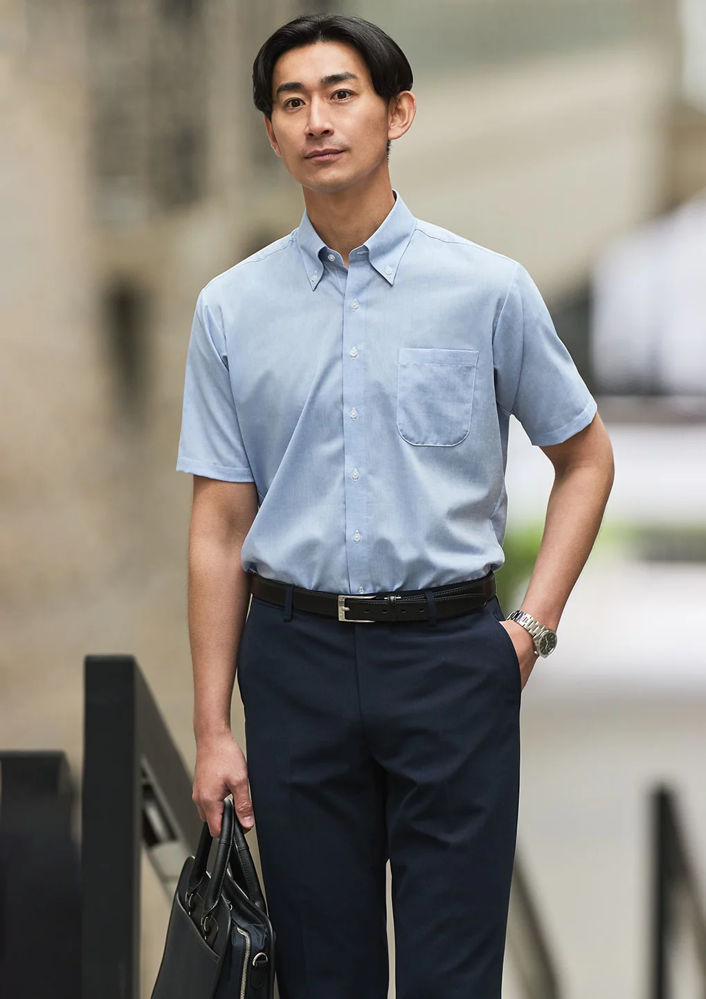Super Cool Non-Iron Cotton Linen Short Sleeve Button-Down Shirt - Blue - Image 5