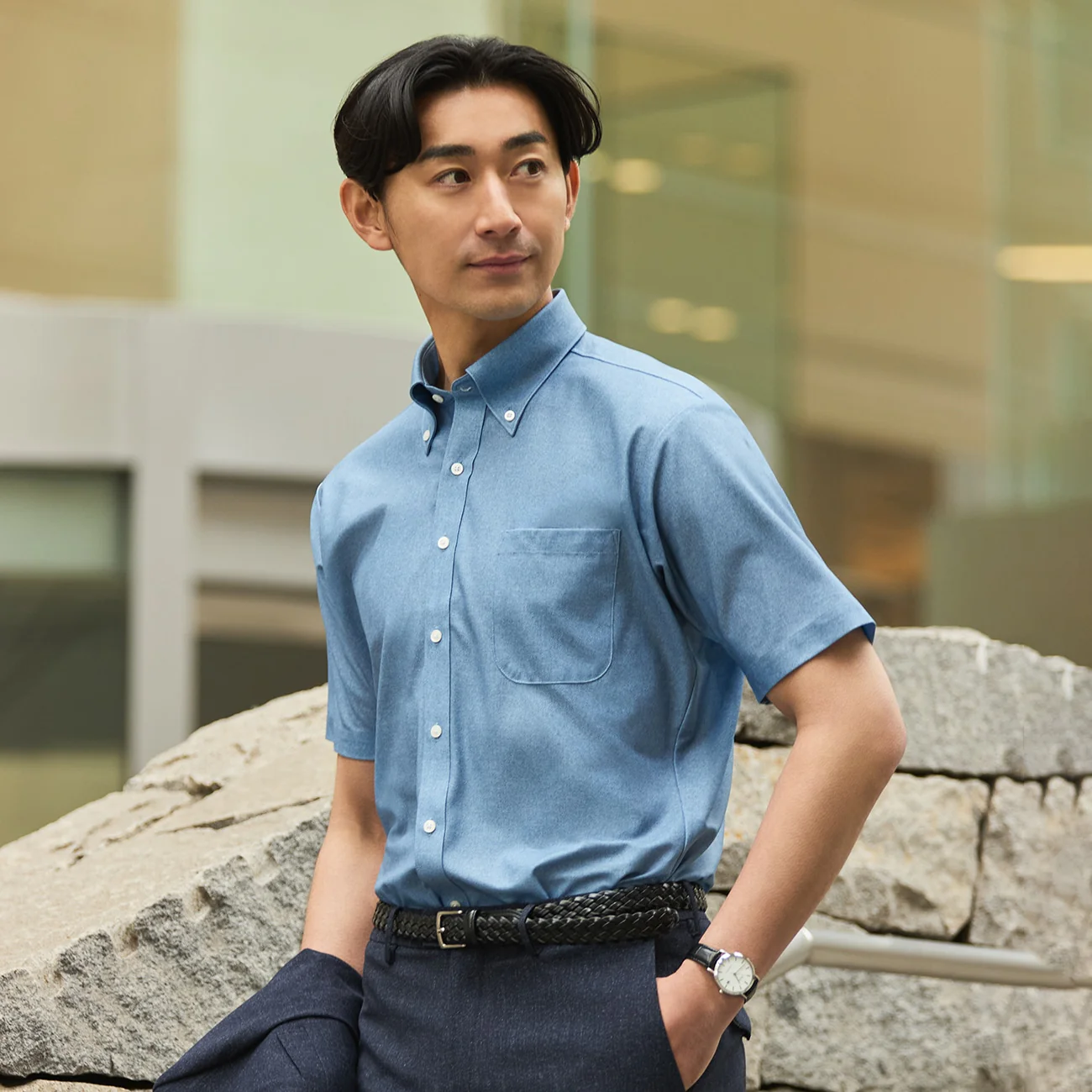 Super Non-Iron Stretch Denim-Like Short Sleeve Button-Down Shirt - Blue