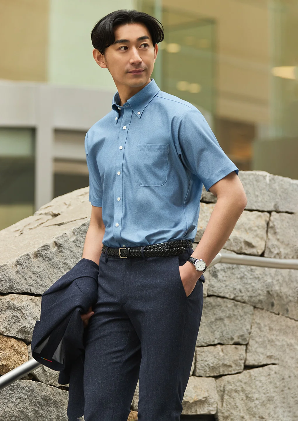 Super Non-Iron Stretch Denim-Like Short Sleeve Button-Down Shirt - Blue - Image 6