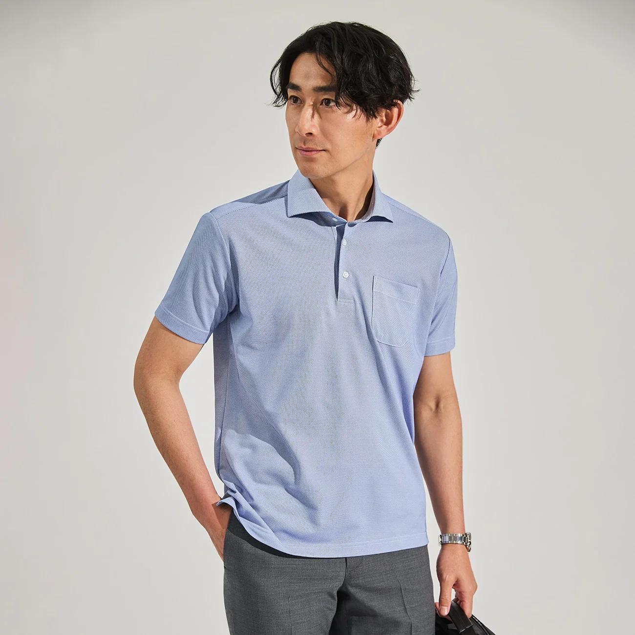 Non-Iron Spread Collar Pullover Polo Shirt - Blue