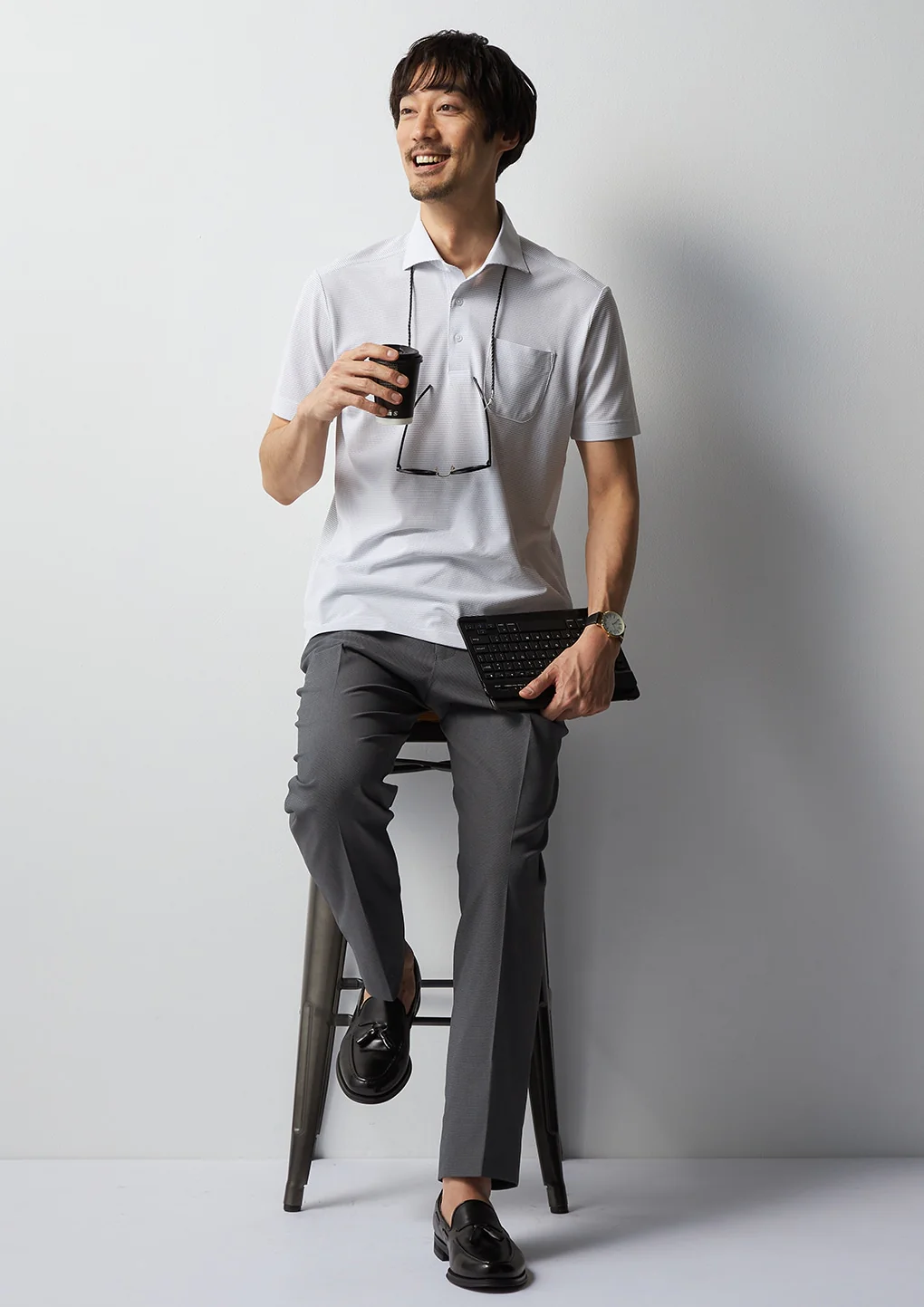 Sashiko Spread Collar Pullover Polo Shirt - Gray - Image 12