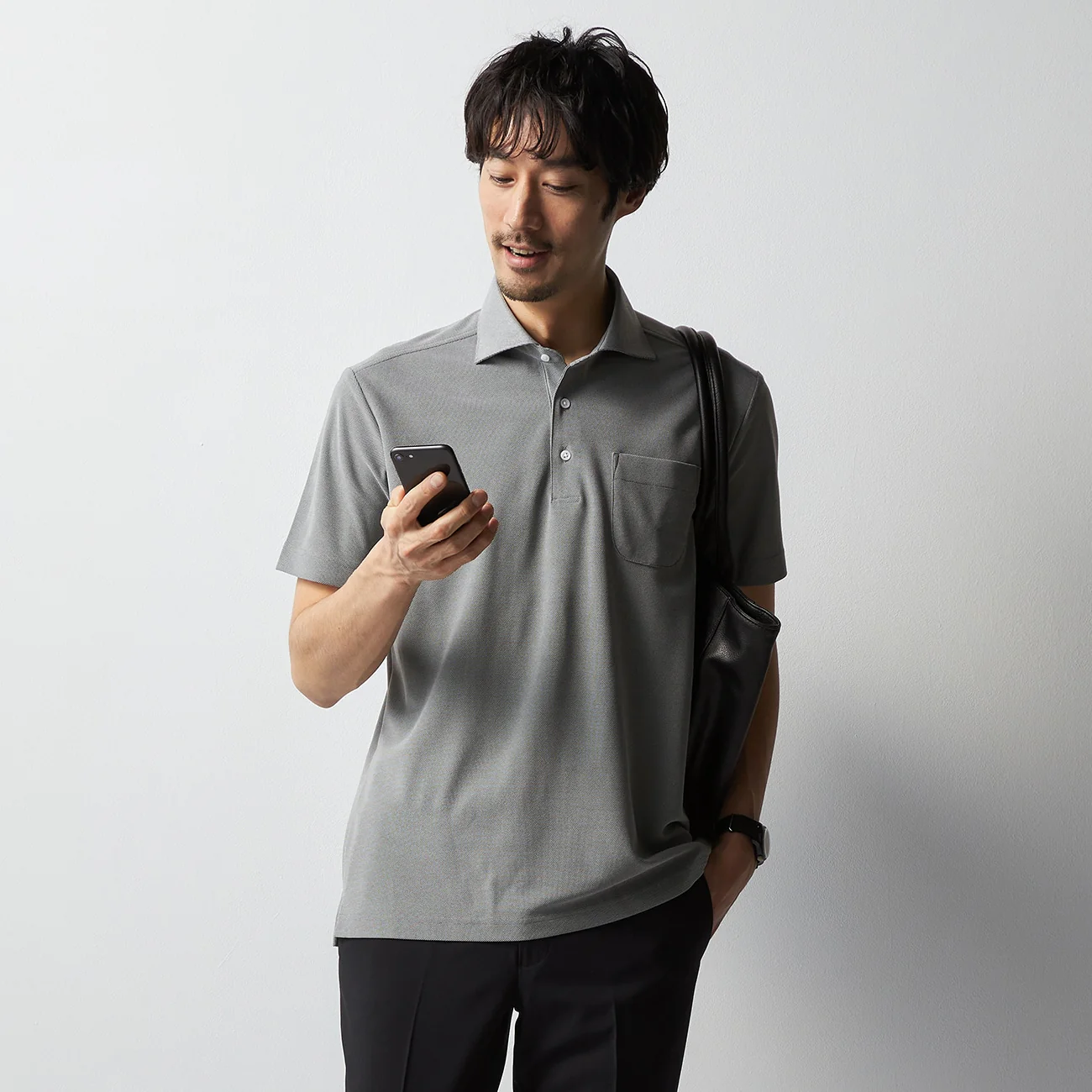 Leno Weave Spread Collar Pullover Polo Shirt - Gray