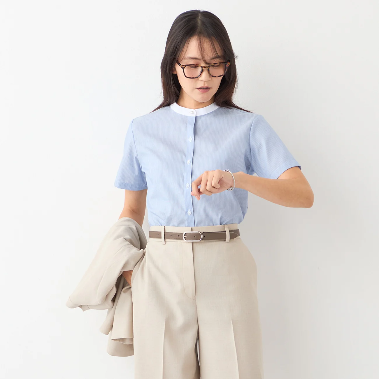 Women's Super Non-Iron Cotton Short Sleeve Band Collar Shirt - Blue - Image 3