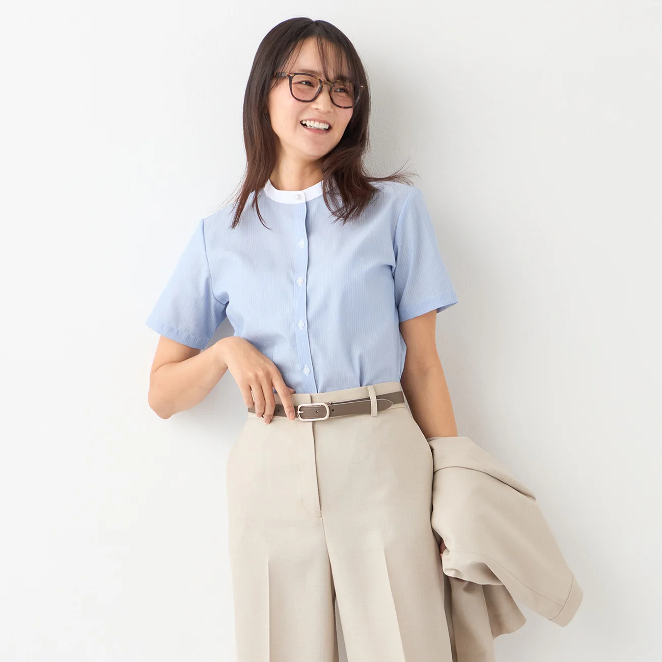 Women's Super Non-Iron Cotton Short Sleeve Band Collar Shirt - Blue - Image 4