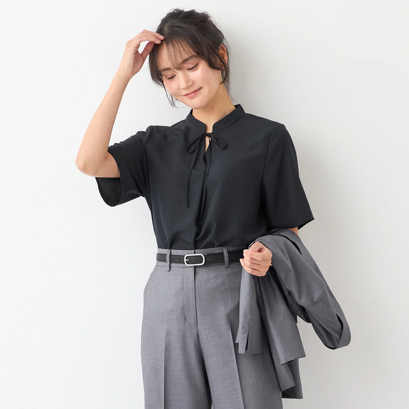 Stand Collar Blouse with Bow Tie - Image 2