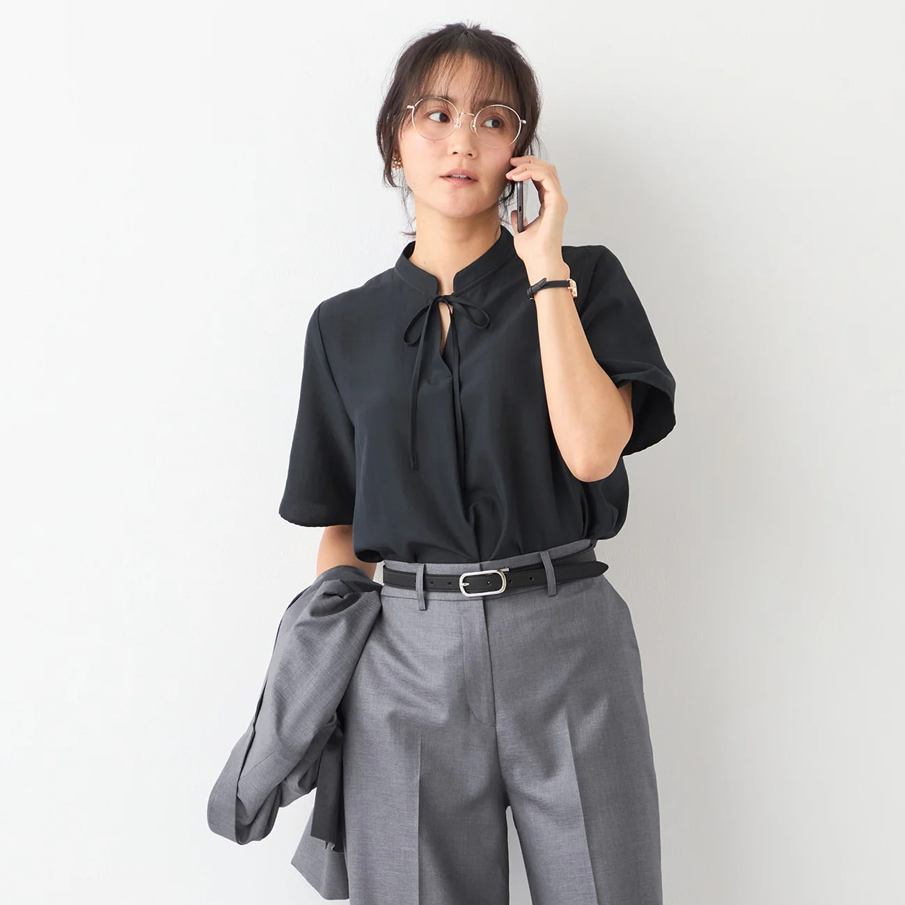 Stand Collar Blouse with Bow Tie - Image 4