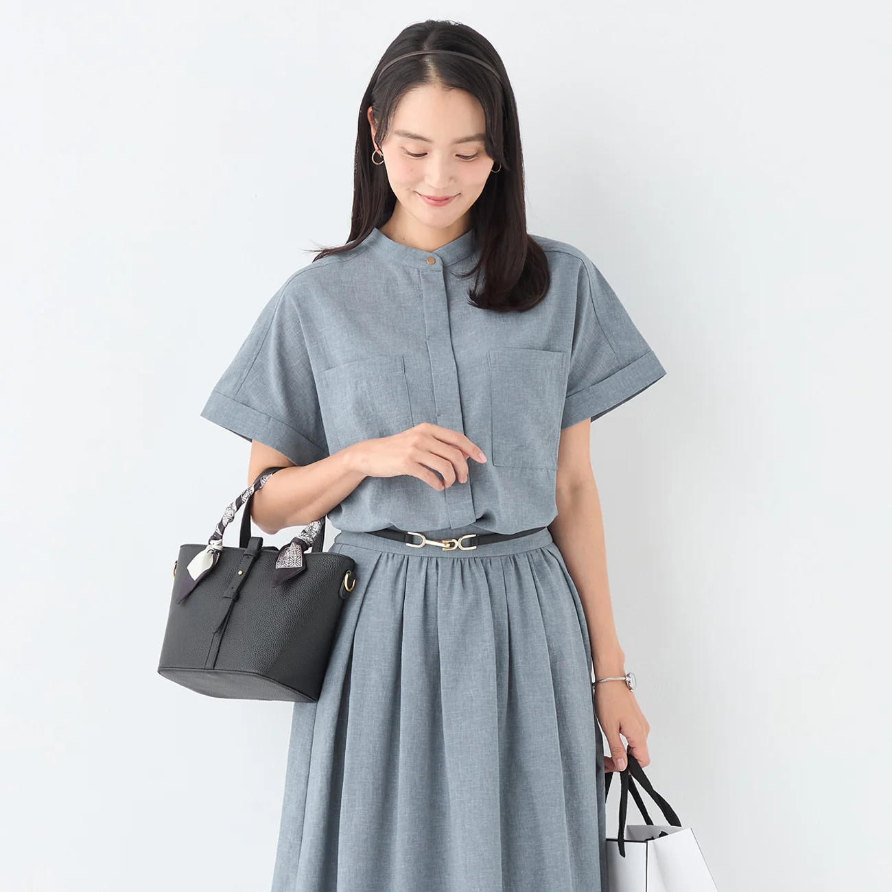 Stand Collar Blouse with Chest Pockets