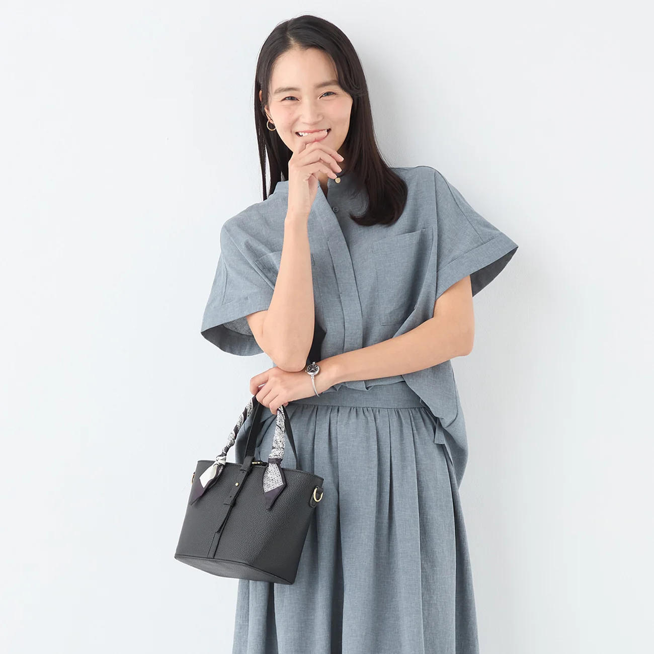 Stand Collar Blouse with Chest Pockets - Image 2