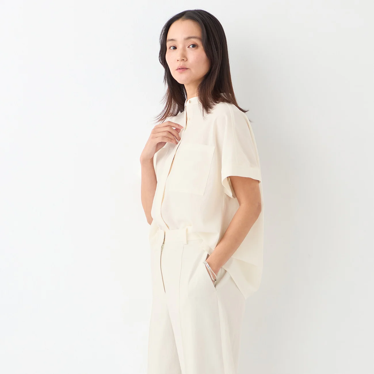 Stand Collar Blouse with Chest Pockets - Image 29