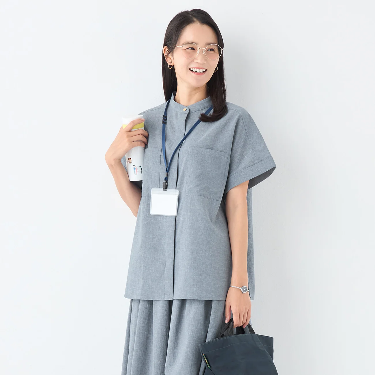 Stand Collar Blouse with Chest Pockets - Image 3