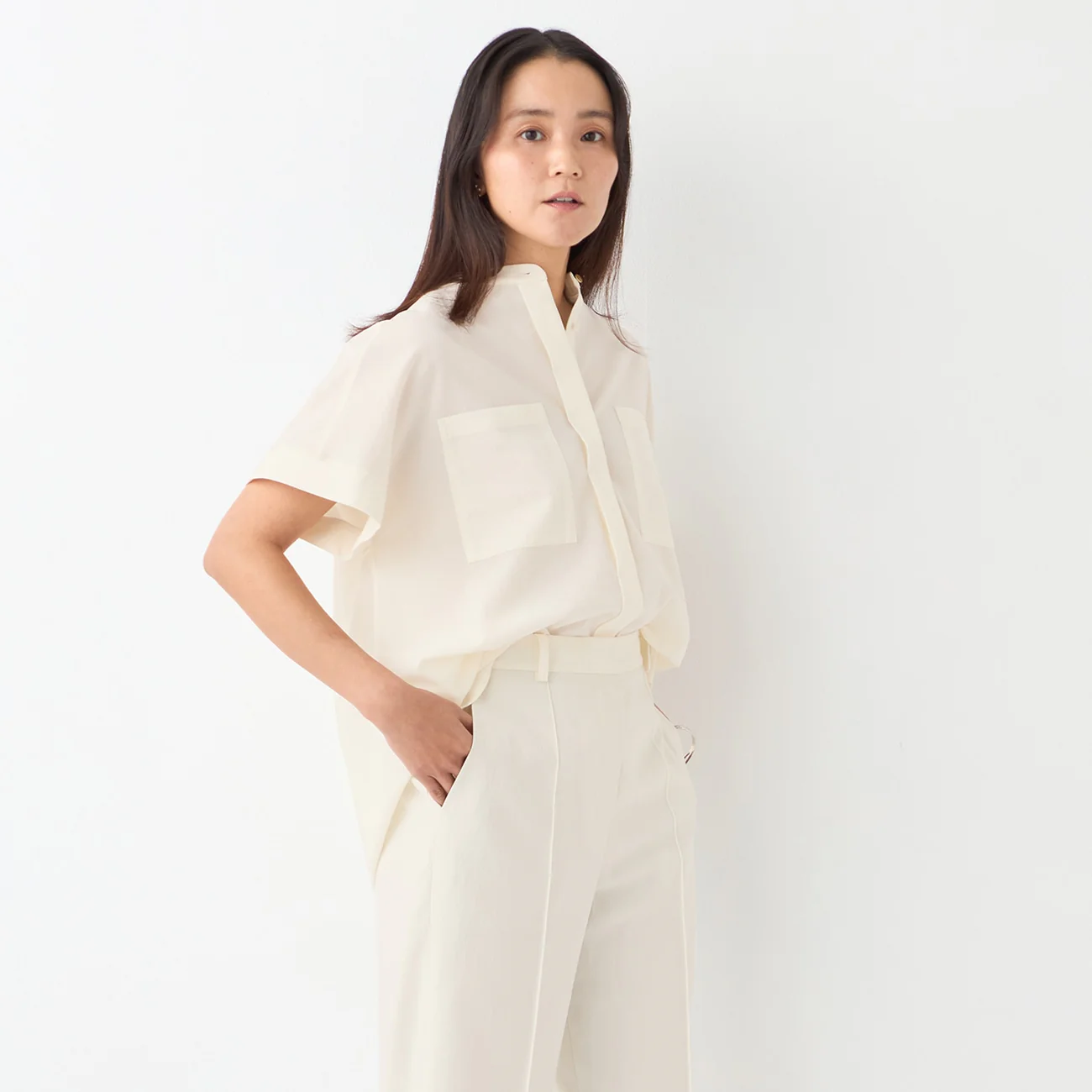 Stand Collar Blouse with Chest Pockets - Image 30
