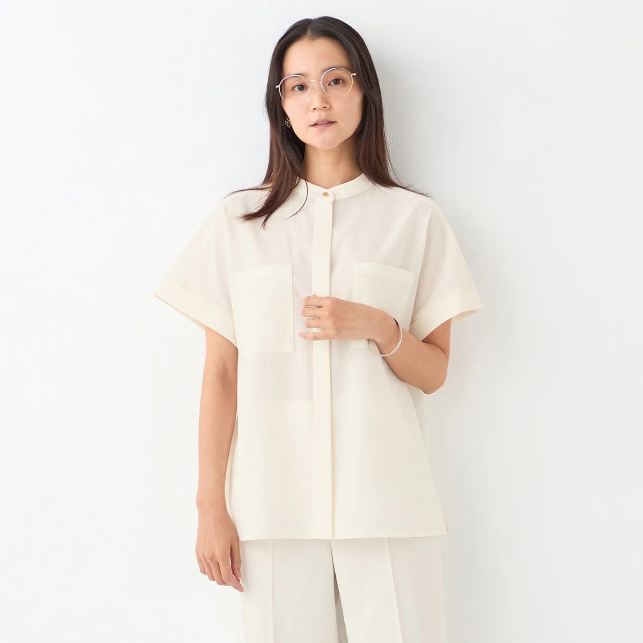 Stand Collar Blouse with Chest Pockets - Image 32