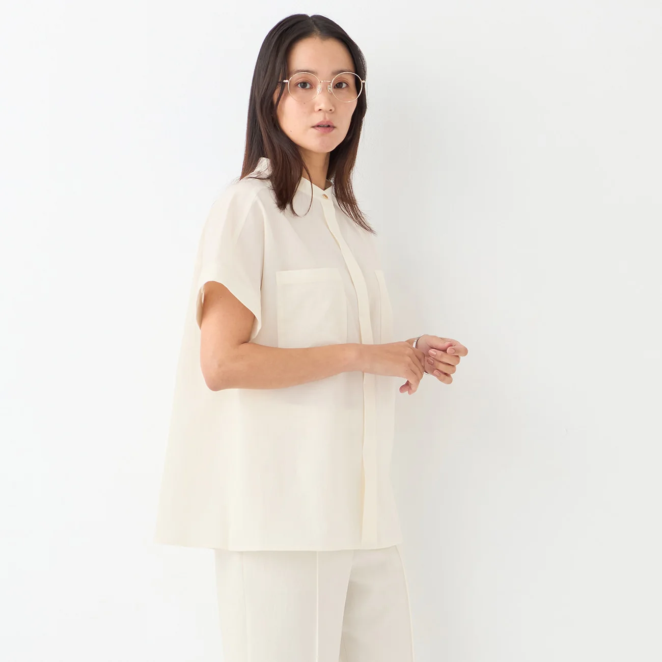 Stand Collar Blouse with Chest Pockets - Image 33