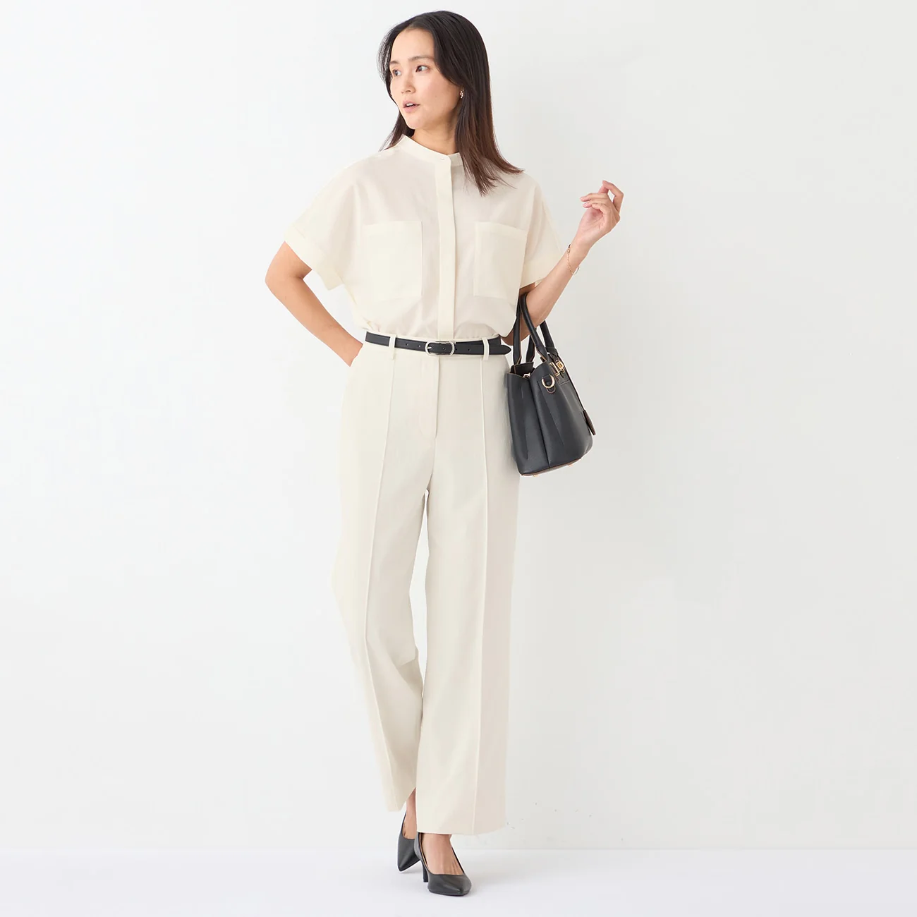 Stand Collar Blouse with Chest Pockets - Image 36