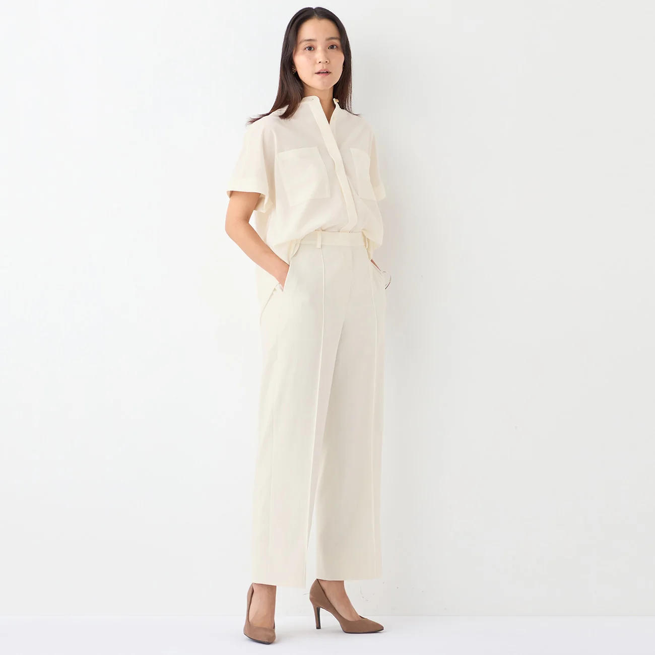 Stand Collar Blouse with Chest Pockets - Image 37