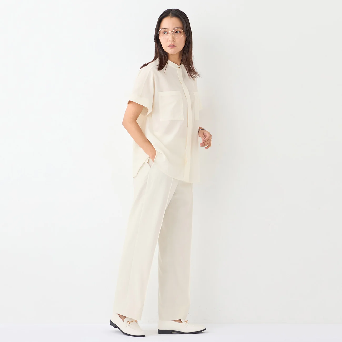 Stand Collar Blouse with Chest Pockets - Image 38