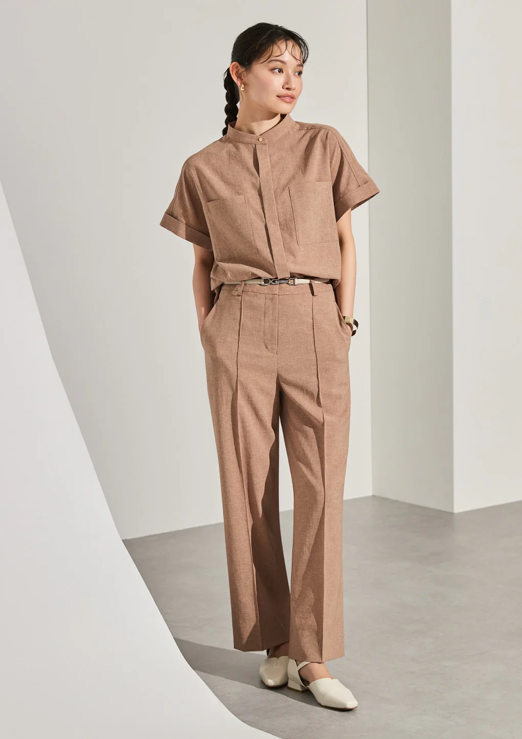 Stand Collar Blouse with Chest Pockets - Image 41