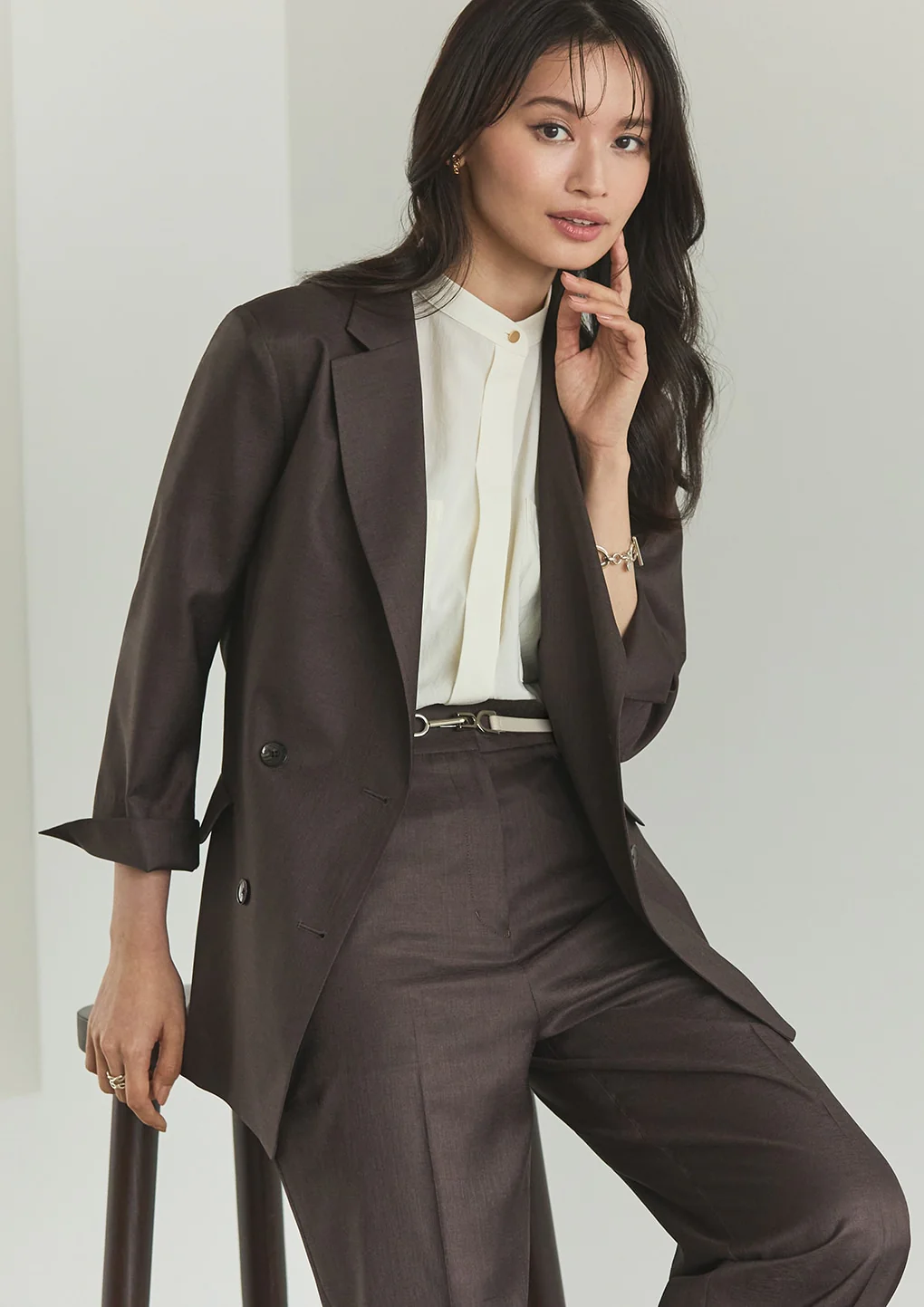 Stand Collar Blouse with Chest Pockets - Image 46