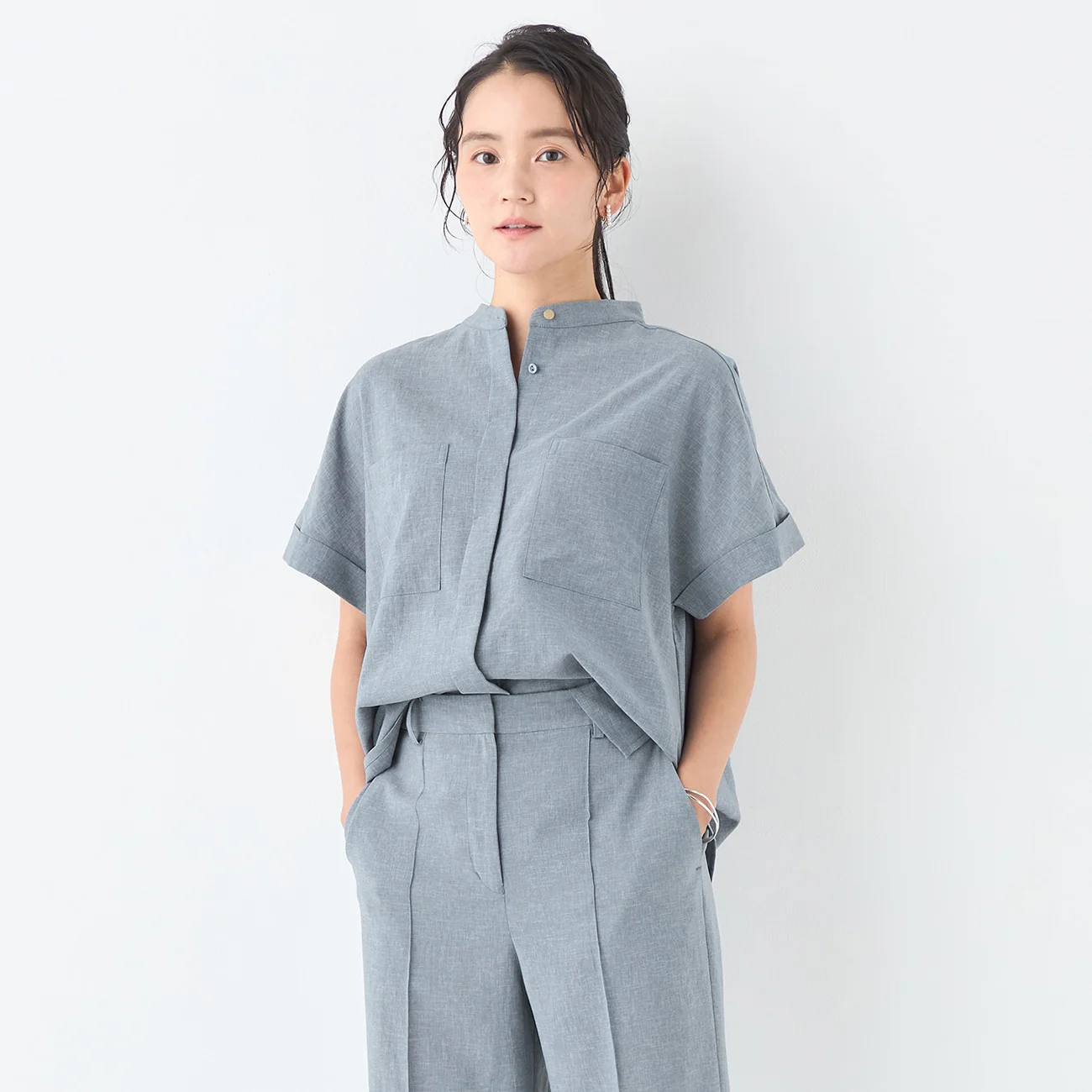 Stand Collar Blouse with Chest Pockets - Image 5