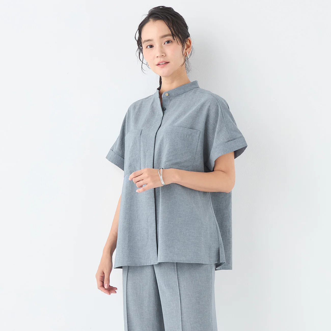 Stand Collar Blouse with Chest Pockets - Image 6