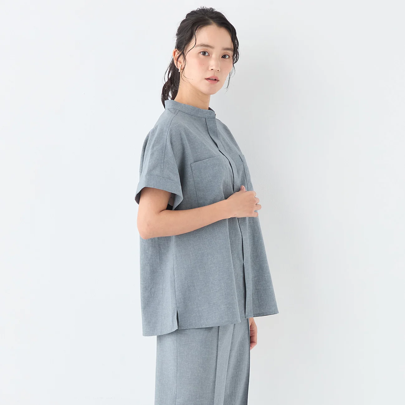 Stand Collar Blouse with Chest Pockets - Image 7