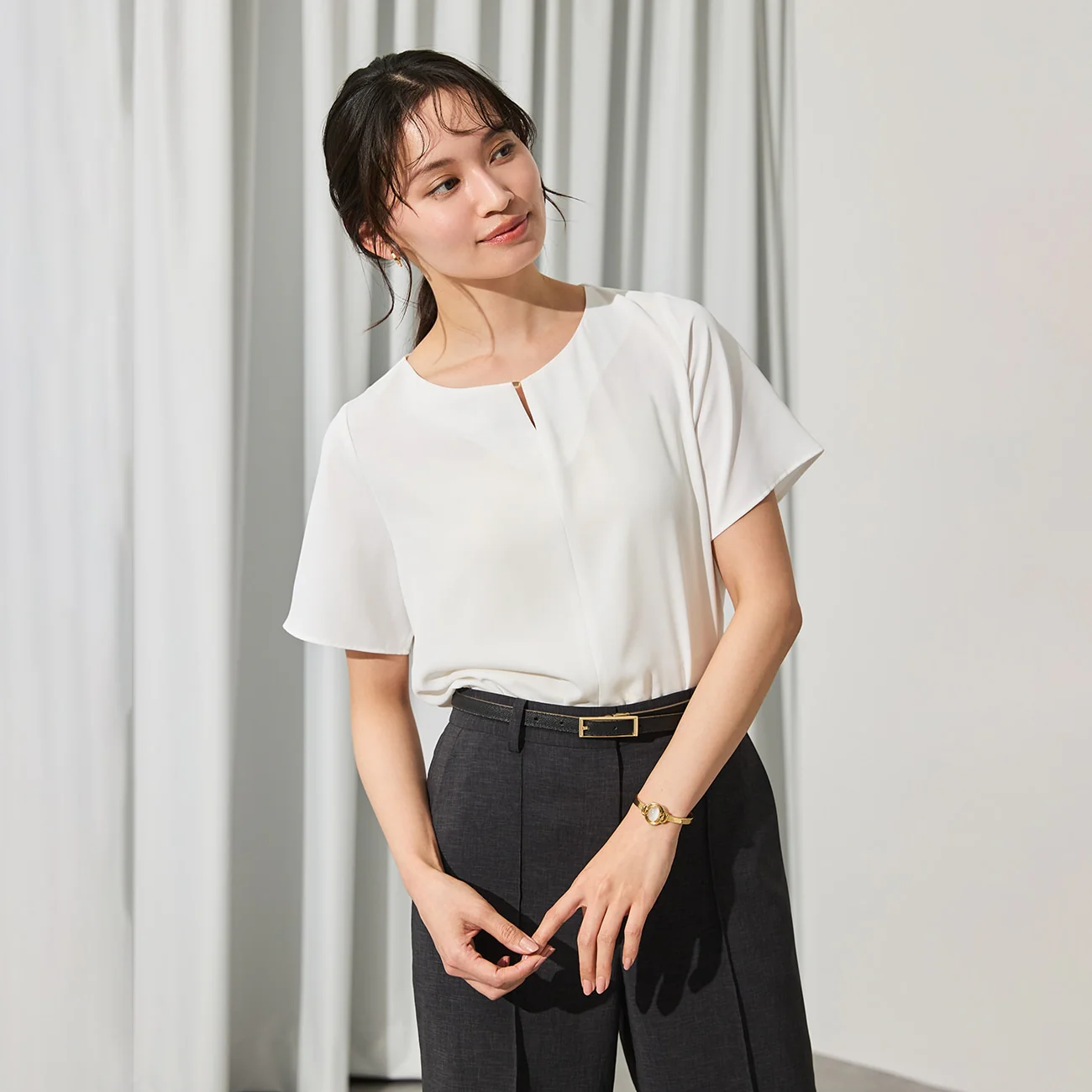 Tucked Blouse with Metal Accessory