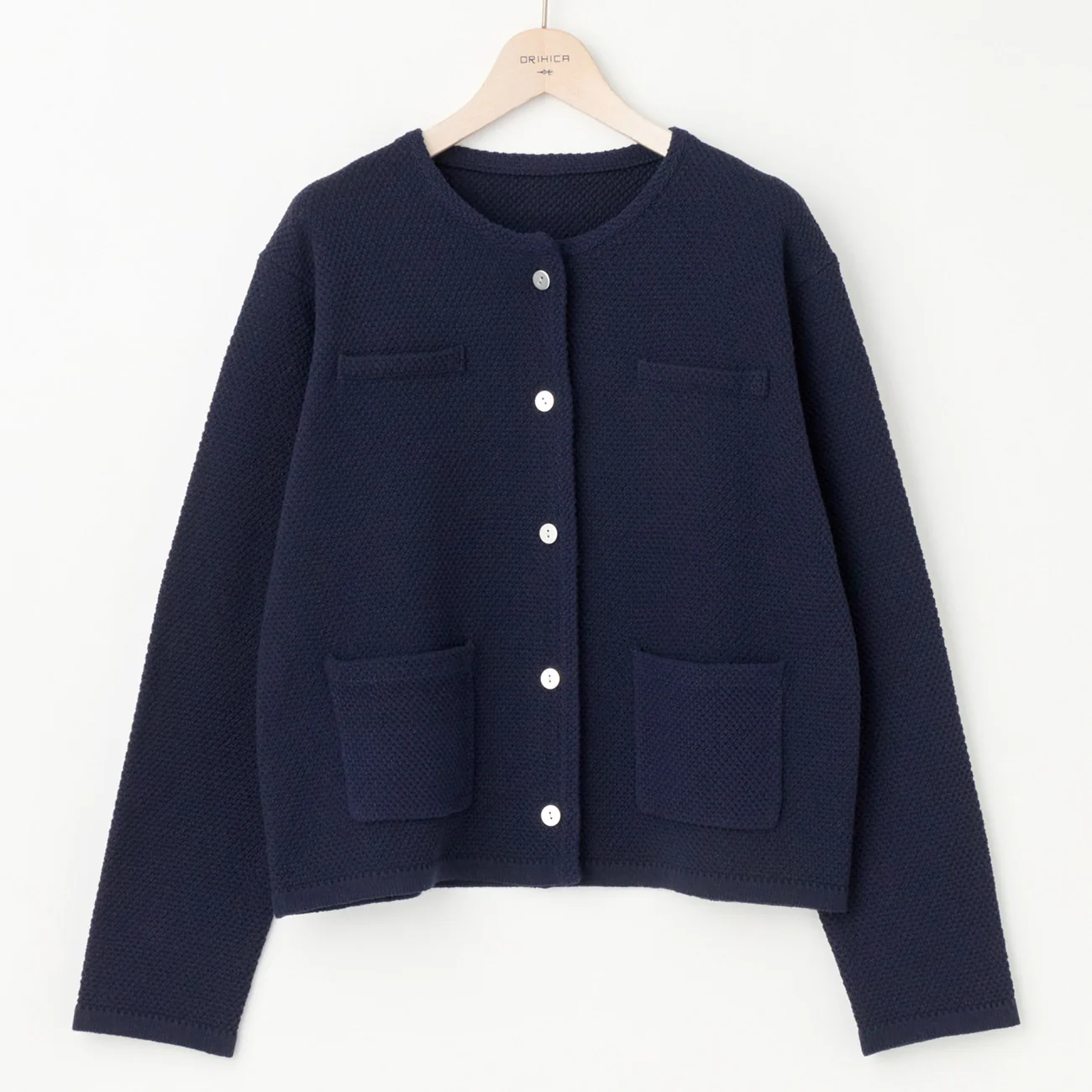 Tweed-Style Knit Jacket - Navy